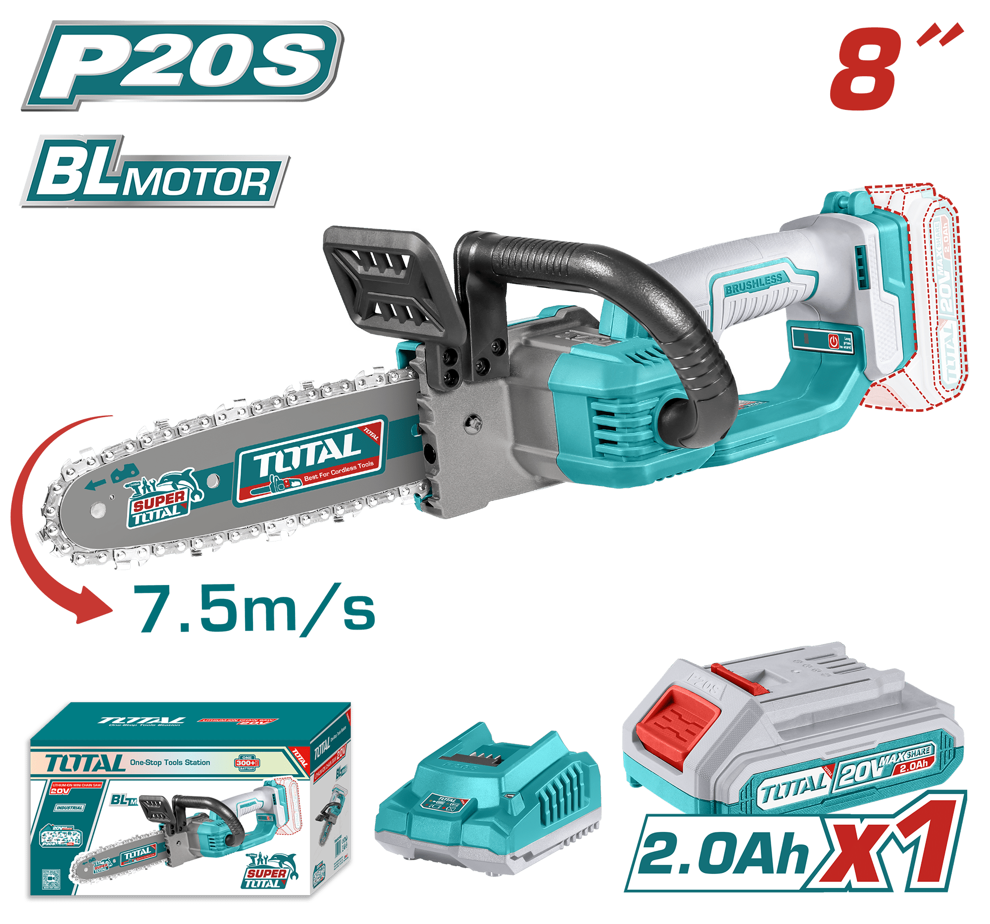 TOTAL Tools 20V Cordless Brushless Chainsaw 8" (Includes Battery & Charger Kit)