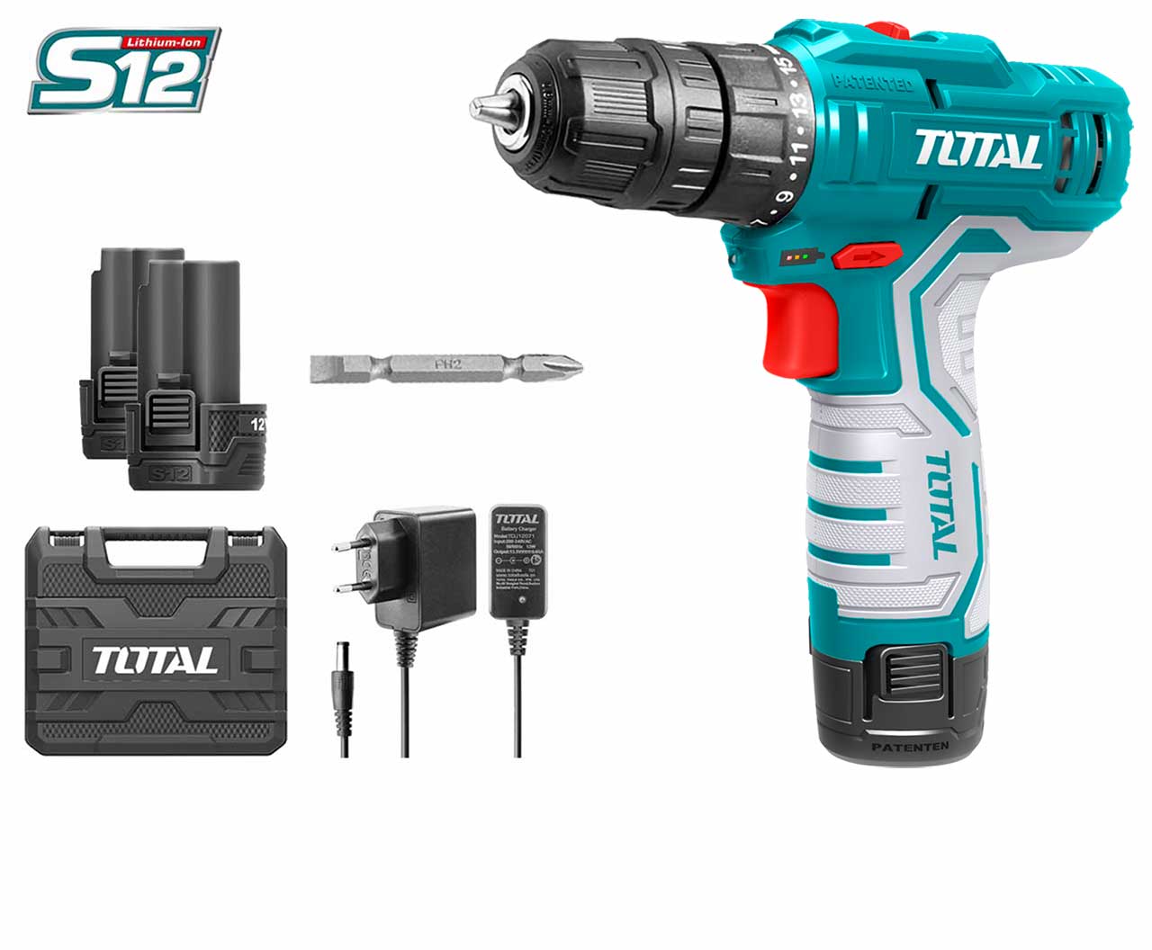 TOTAL TDLI12325 Cordless Drill 12V 10mm 20Nm with 2 Batteries, Charger & Carrying Case