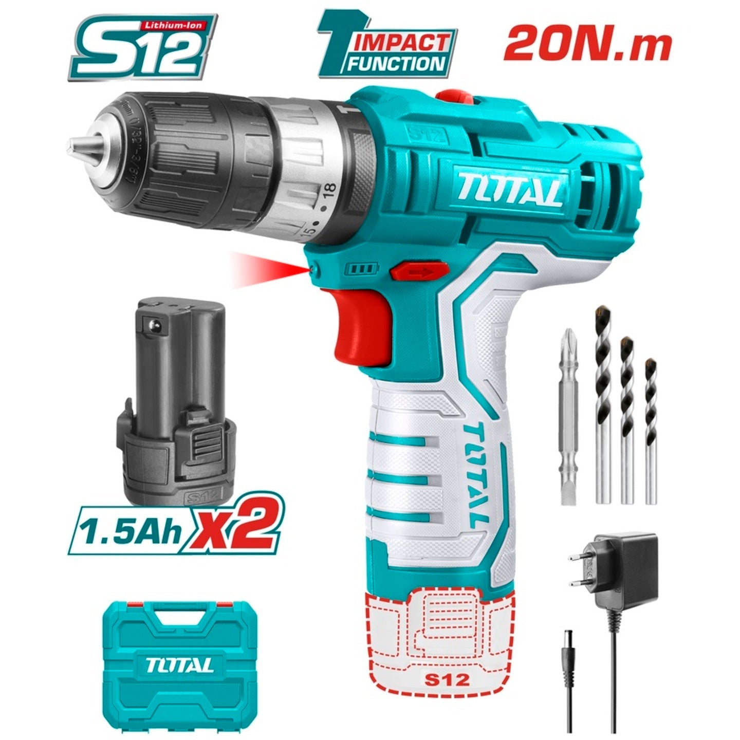 TOTAL TDLI12325 Cordless Drill 12V 10mm 20Nm with 2 Batteries, USB-C Charging & Carrying Case