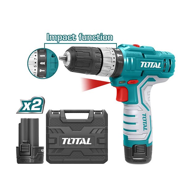 TOTAL TDLI12325 Cordless Drill 12V 10mm 20Nm with 2 Batteries, USB-C Charging & Carrying Case