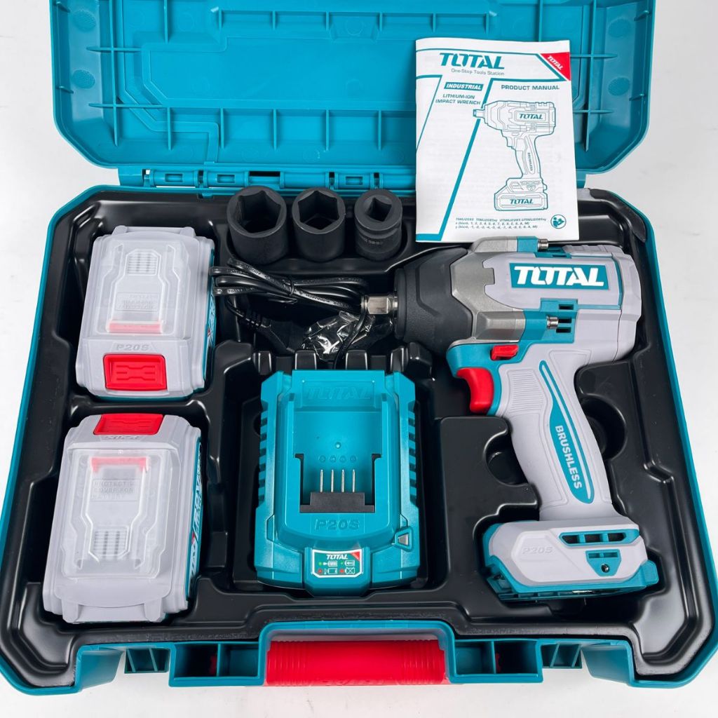 TOTAL TIWLI2038 Cordless Impact Wrench 20V Brushless 300Nm 1/2" Drive with 2 Batteries & Fast Charger