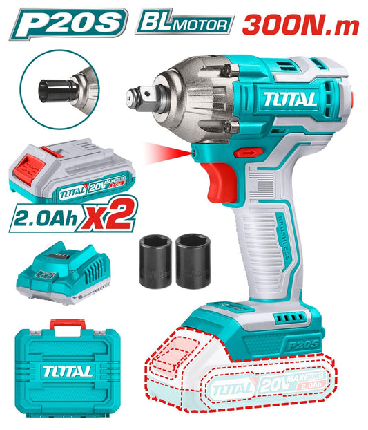 TOTAL TIWLI2038 Cordless Impact Wrench 20V Brushless 300Nm 1/2" Drive with 2 Batteries & Fast Charger