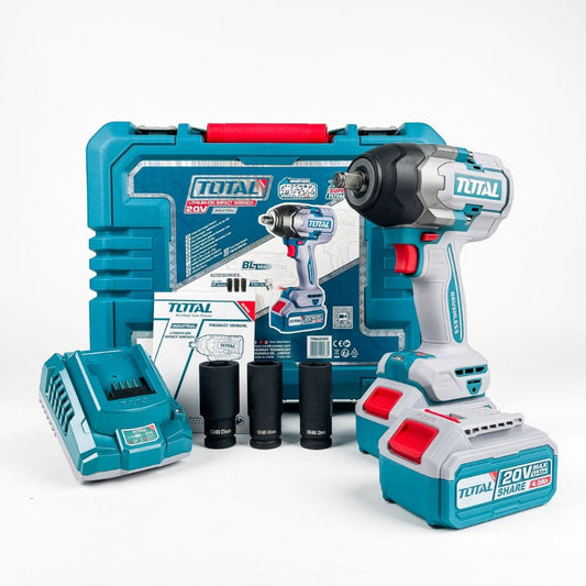 TOTAL TIWLI2038 Cordless Impact Wrench 20V Brushless 300Nm 1/2" Drive with 2 Batteries & Fast Charger