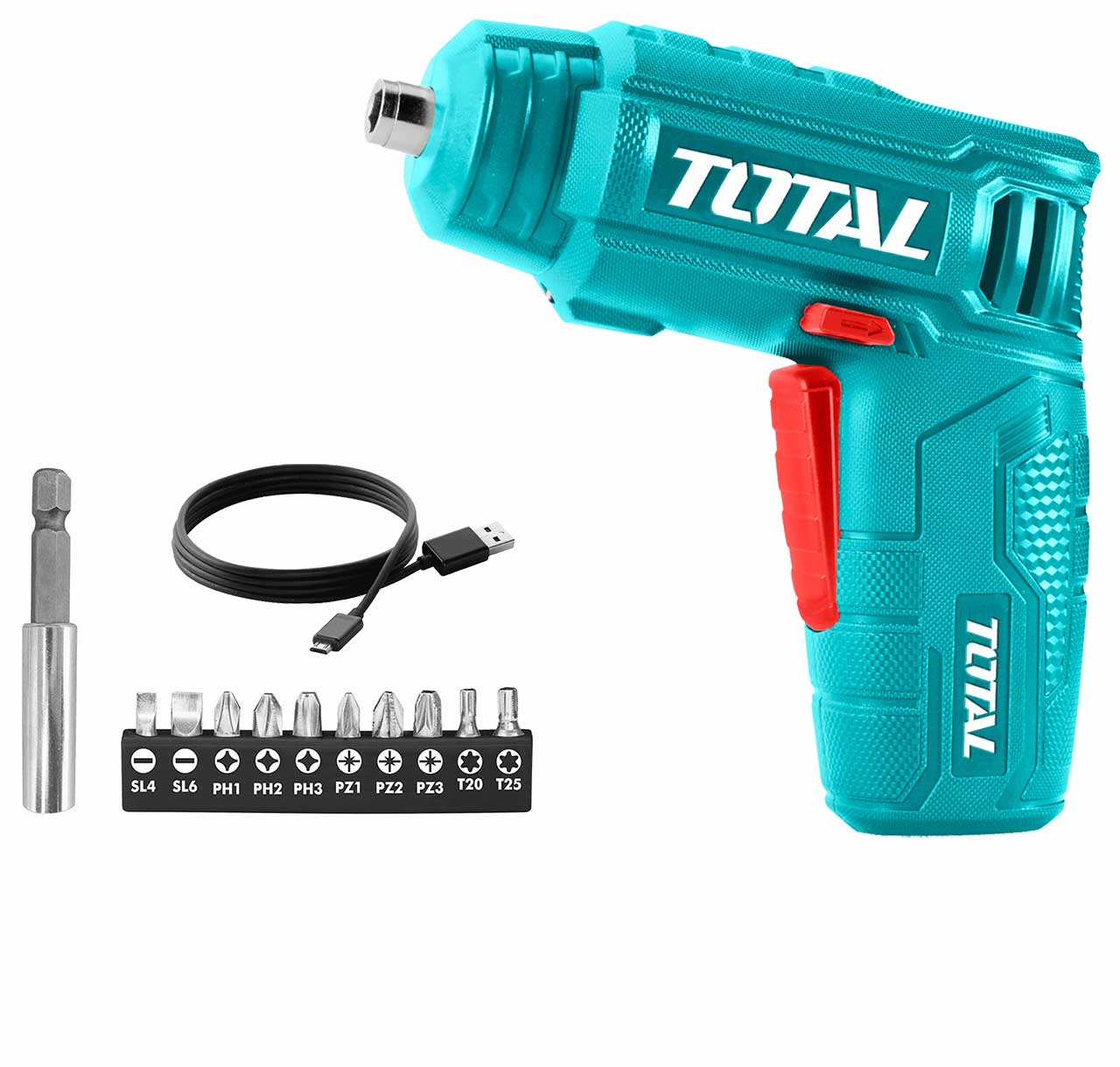 TOTAL TSDLI0402 Cordless Screwdriver 4V Li-Ion USB Rechargeable with 10 Bits & Magnetic Holder