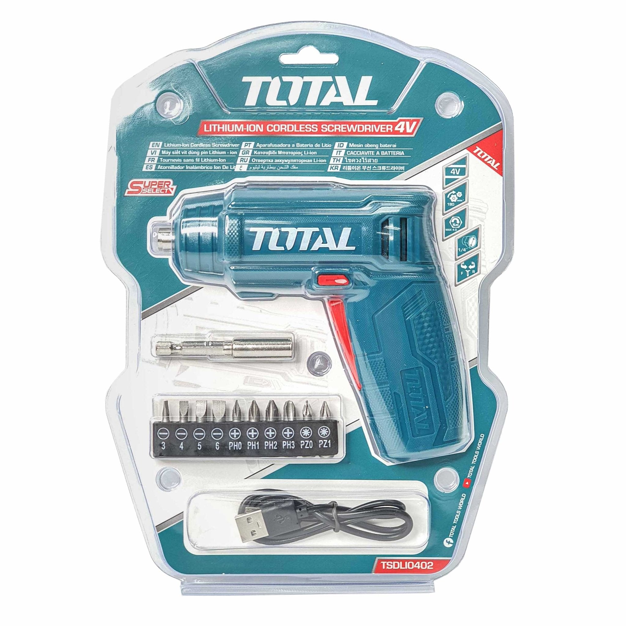 TOTAL TSDLI0402 Cordless Screwdriver 4V Li-Ion USB Rechargeable with 10 Bits & Magnetic Holder