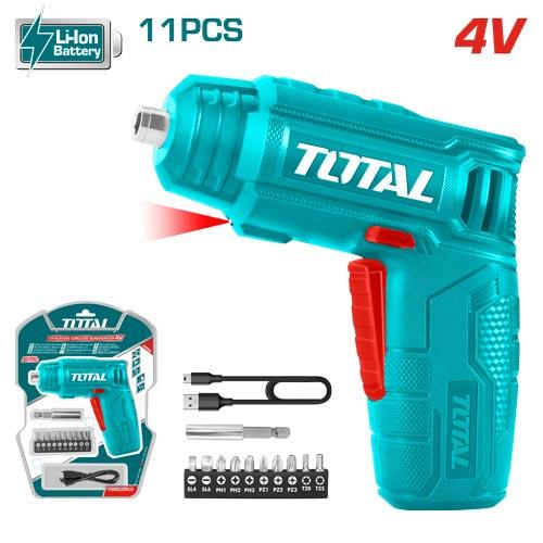 TOTAL TSDLI0402 Cordless Screwdriver 4V Li-Ion USB Rechargeable with 10 Bits & Magnetic Holder
