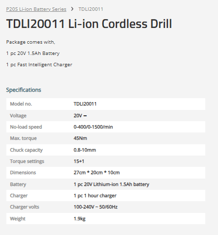TOTAL TDLI20011 Cordless Drill 20V 45Nm Lithium-Ion Drill Driver with Battery & Charger