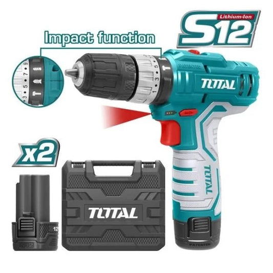 TOTAL TIDLI1232 Cordless Impact Drill 12V 10mm with 2 Batteries, Charger & Carrying Case