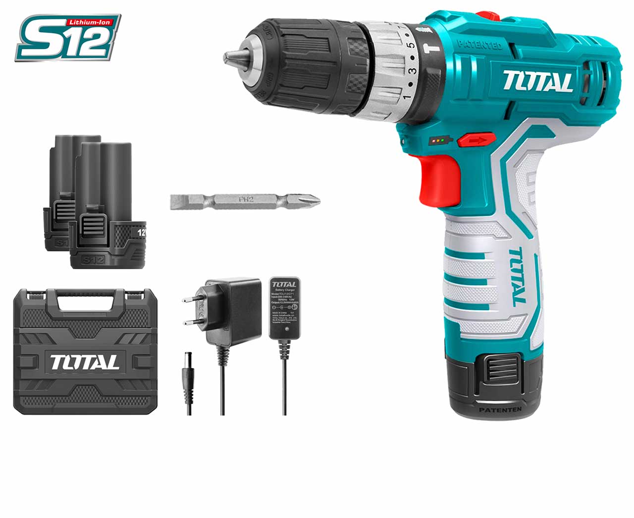 TOTAL TIDLI1232 Cordless Impact Drill 12V 10mm with 2 Batteries, Charger & Carrying Case