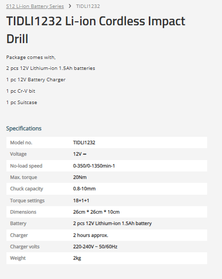 TOTAL TIDLI1232 Cordless Impact Drill 12V 10mm with 2 Batteries, Charger & Carrying Case
