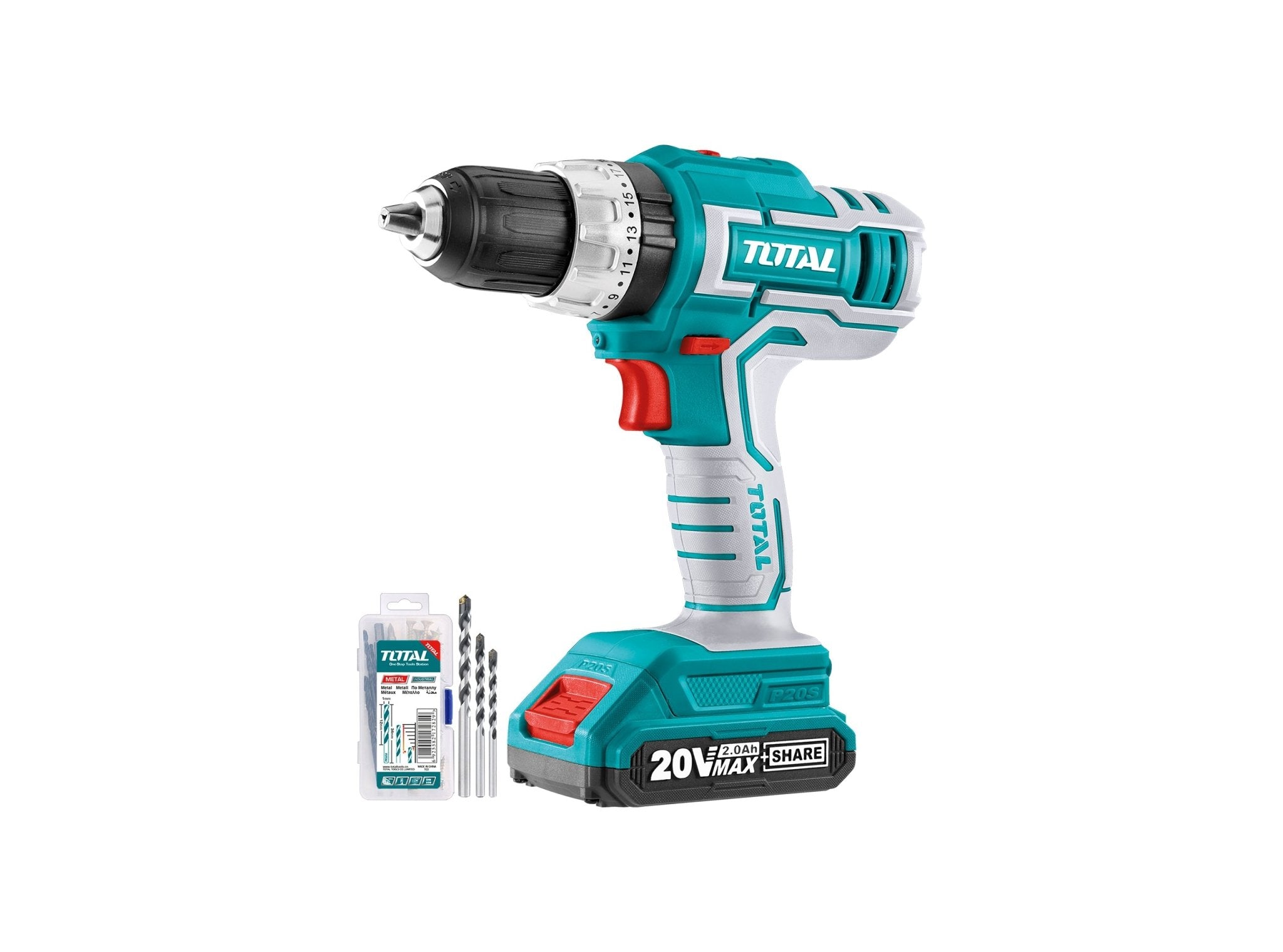 TOTAL TIDLI20031 Cordless Impact Drill 20V 13mm 55Nm with 2 Batteries, Charger & 50 Accessories Kit