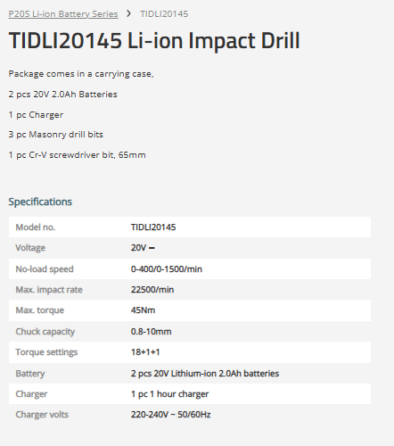 TOTAL TIDLI20145 Cordless Impact Drill 20V 45Nm with 2 Batteries, Charger & Carrying Case