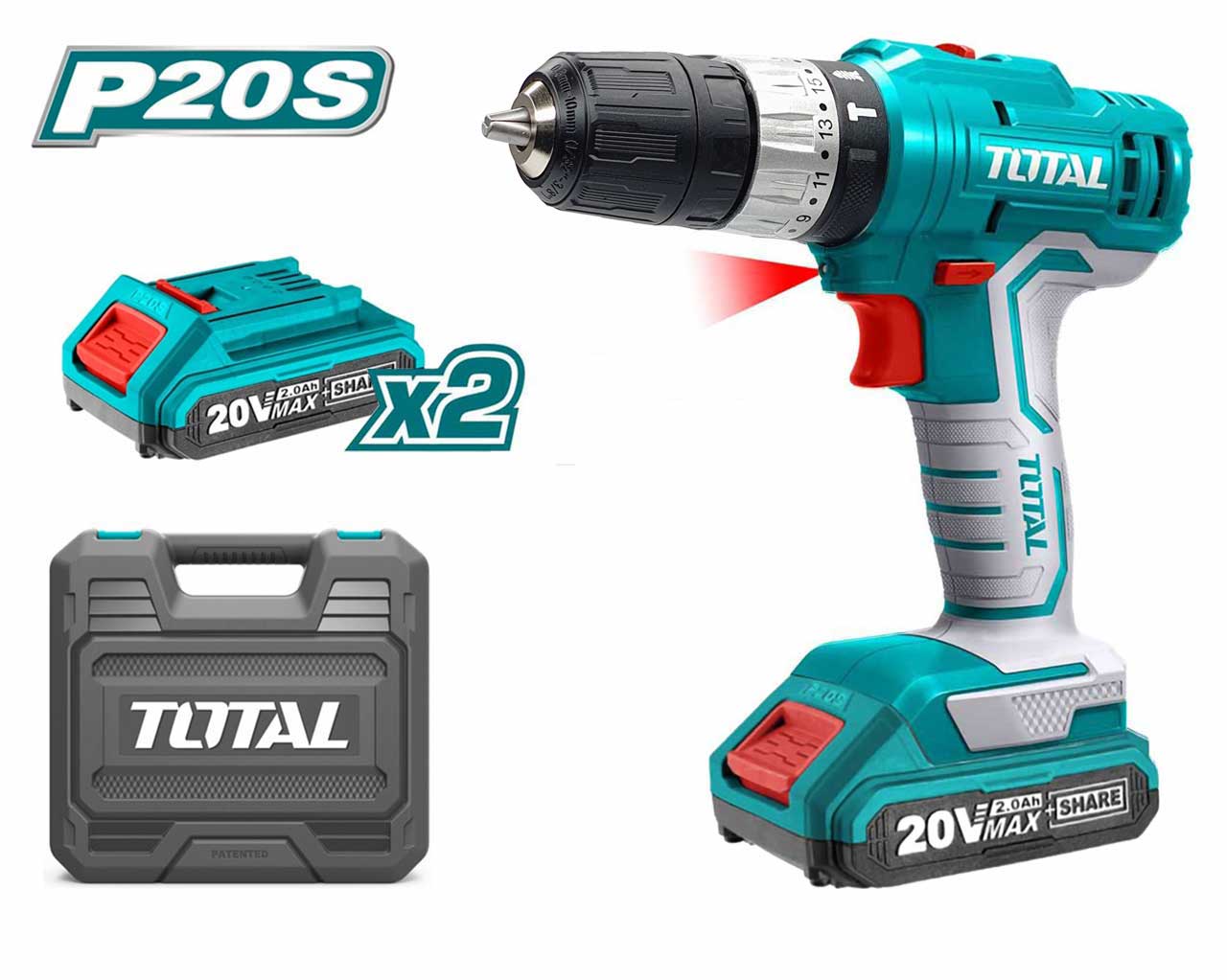 TOTAL TDLI200215 Cordless Drill 20V 10mm 45Nm with 2 Batteries, Charger & Carrying Case