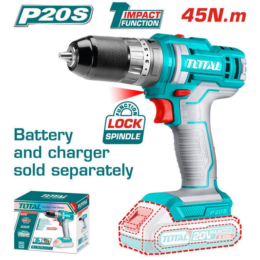 TOTAL TIDLI20145 Cordless Impact Drill 20V 45Nm with 2 Batteries, Charger & Carrying Case