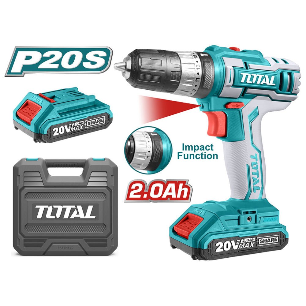 TOTAL TDLI200215 Cordless Drill 20V 10mm 45Nm with 2 Batteries, Charger & Carrying Case