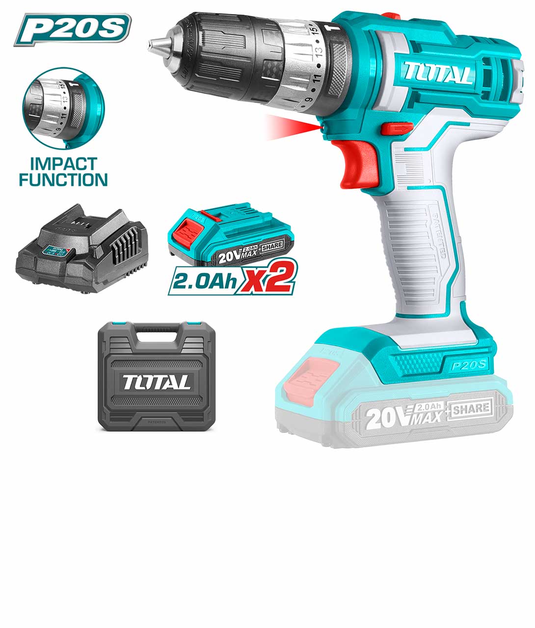 TOTAL TIDLI20145 Cordless Impact Drill 20V 45Nm with 2 Batteries, Charger & Carrying Case