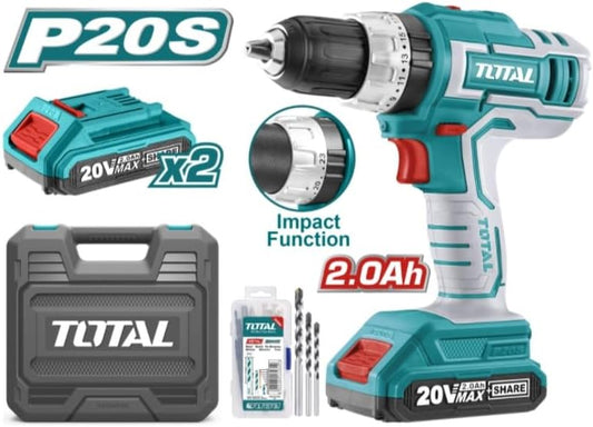 TOTAL TIDLI20031 Cordless Impact Drill 20V 13mm 55Nm with 2 Batteries, Charger & 50 Accessories Kit