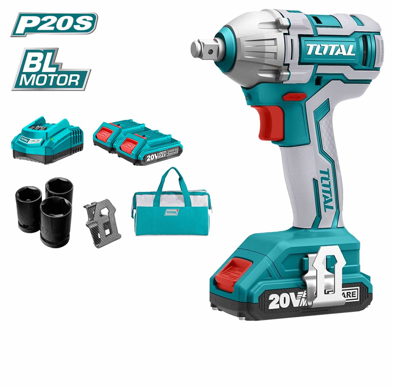 TOTAL TIWLI2001 Cordless Impact Wrench 20V 300Nm 1/2" Drive with 2 Batteries & Smart Charger