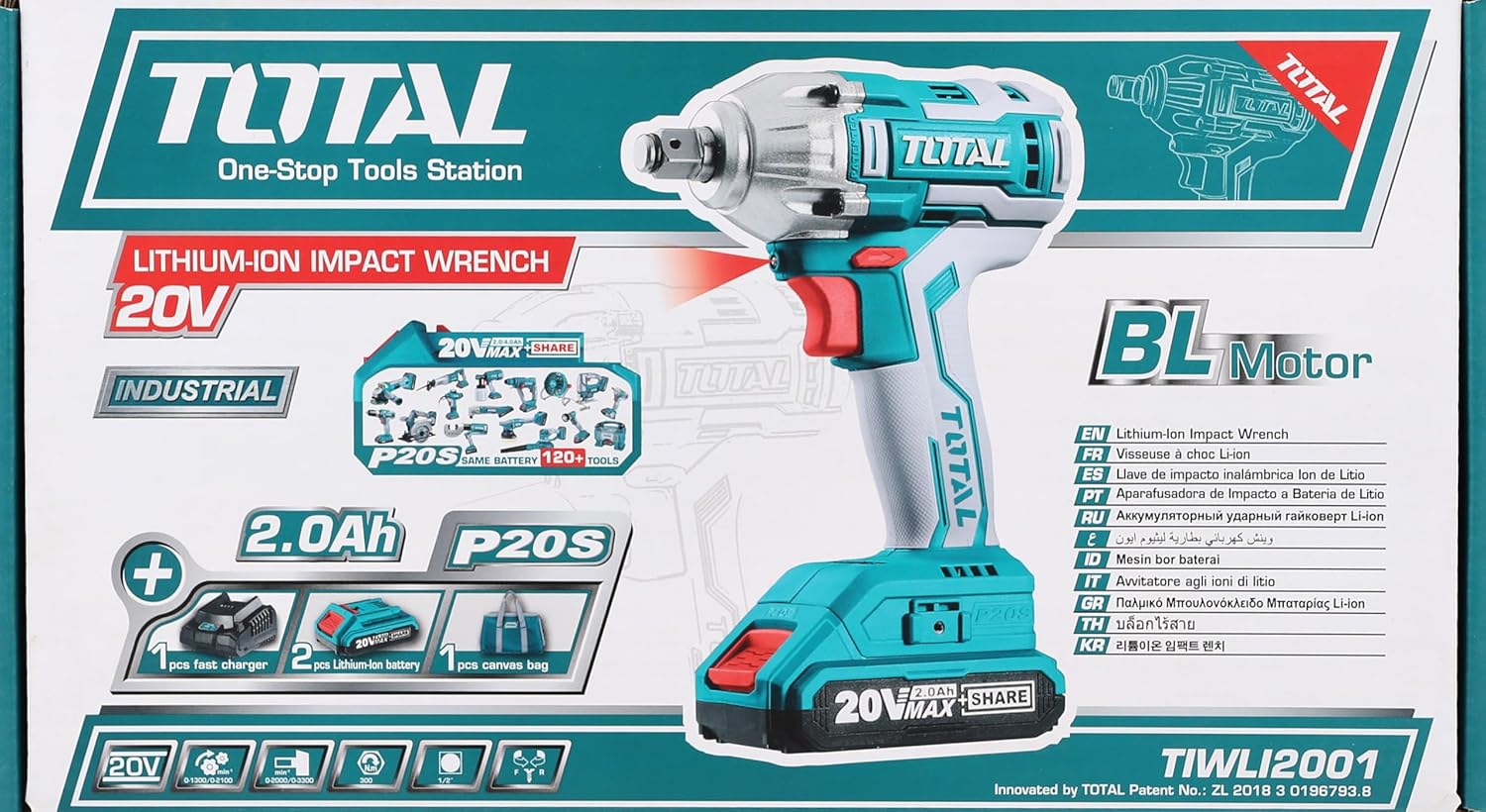 TOTAL TIWLI2001 Cordless Impact Wrench 20V 300Nm 1/2" Drive with 2 Batteries & Smart Charger