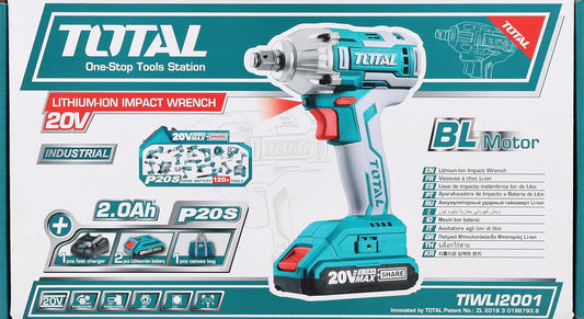 TOTAL TIWLI2001 Cordless Impact Wrench 20V 300Nm 1/2" Drive with 2 Batteries & Smart Charger