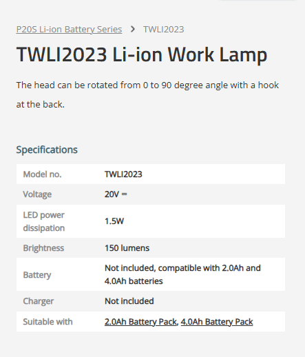 TOTAL Lithium Ion Work Lamp P20s TWLI2023