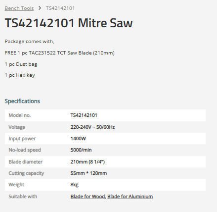 TOTAL TS42142101 Professional Mitre Saw 1400W 210mm (8-1/4") Wood Cutting Machine