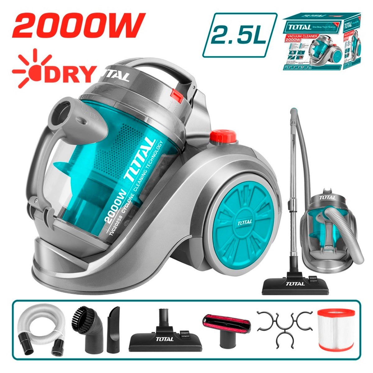 TOTAL TVC20258 Vacuum Cleaner 2000W 2.5L Multi Cyclone HEPA Filter Canister Vacuum