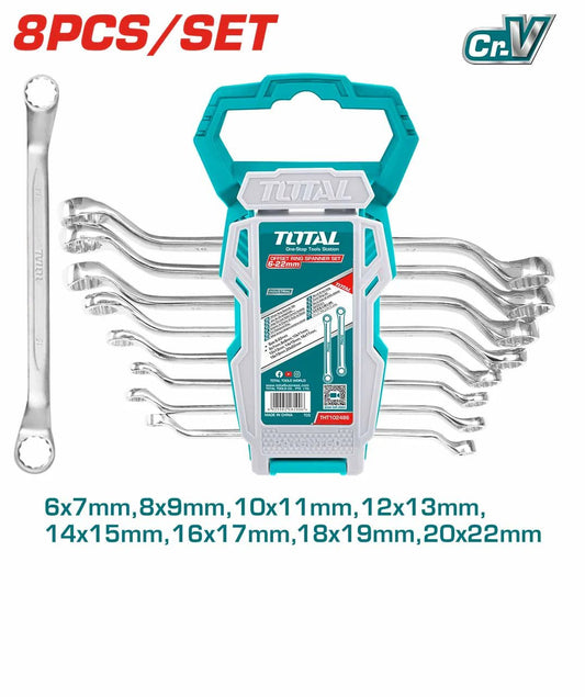 TOTAL Offset Ring Spanner Set 8 Pcs, Cr-V Steel, Metric Double Ring Wrenches, Industrial Hand Tools