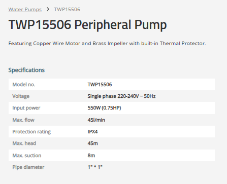 TOTAL TWP15506 Peripheral Water Pump 550W 0.75HP High Pressure Water Transfer Pump