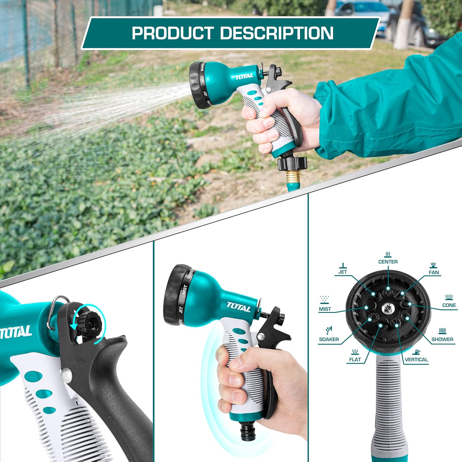 TOTAL THWS010901 Plastic Trigger Nozzle 9 Spray Patterns Garden Hose Spray Gun 3/4"