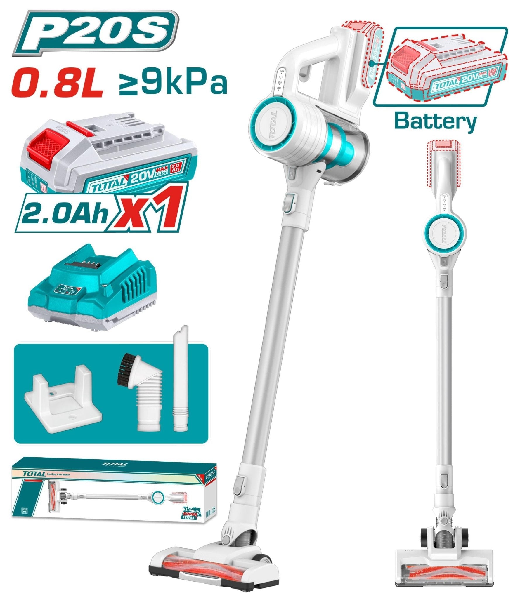 TOTAL TVLI2006 Cordless Vacuum Cleaner 20V 2.0Ah – HEPA Filter, Multi Cyclone System, 0.8L Dust Capacity, Up to 35 Minutes Runtime