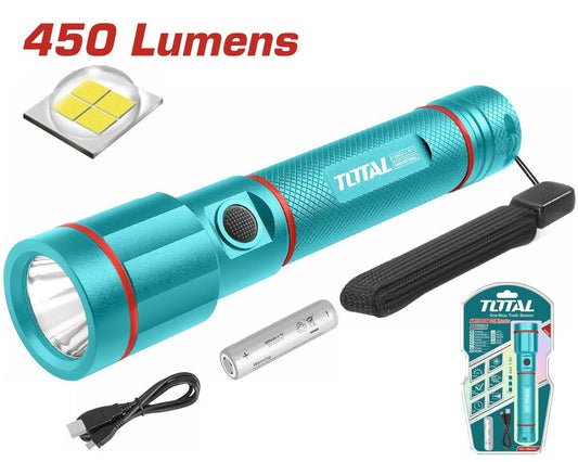TOTAL Rechargeable LED Flashlight 450 Lumens, 18650 Li-Ion Battery, 5 Light Modes, Long Runtime, Compact Torch