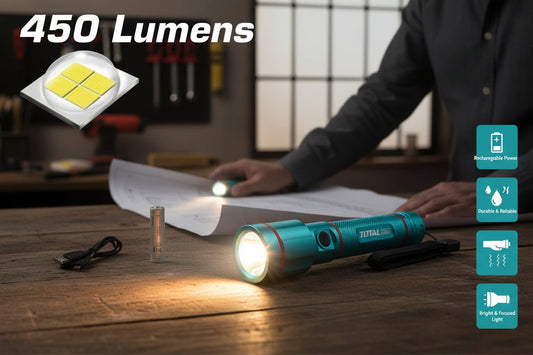 TOTAL Rechargeable LED Flashlight 450 Lumens, 18650 Li-Ion Battery, 5 Light Modes, Long Runtime, Compact Torch