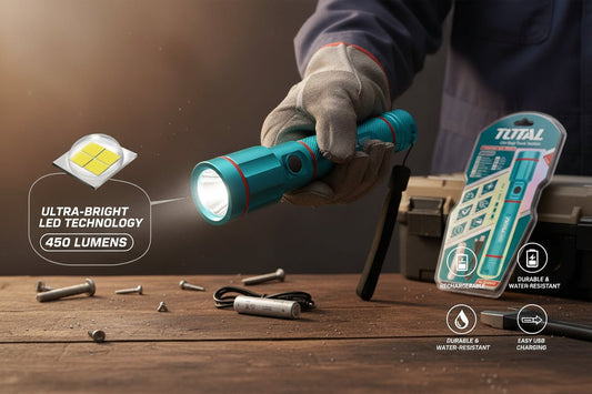 TOTAL Rechargeable LED Flashlight 450 Lumens, 18650 Li-Ion Battery, 5 Light Modes, Long Runtime, Compact Torch