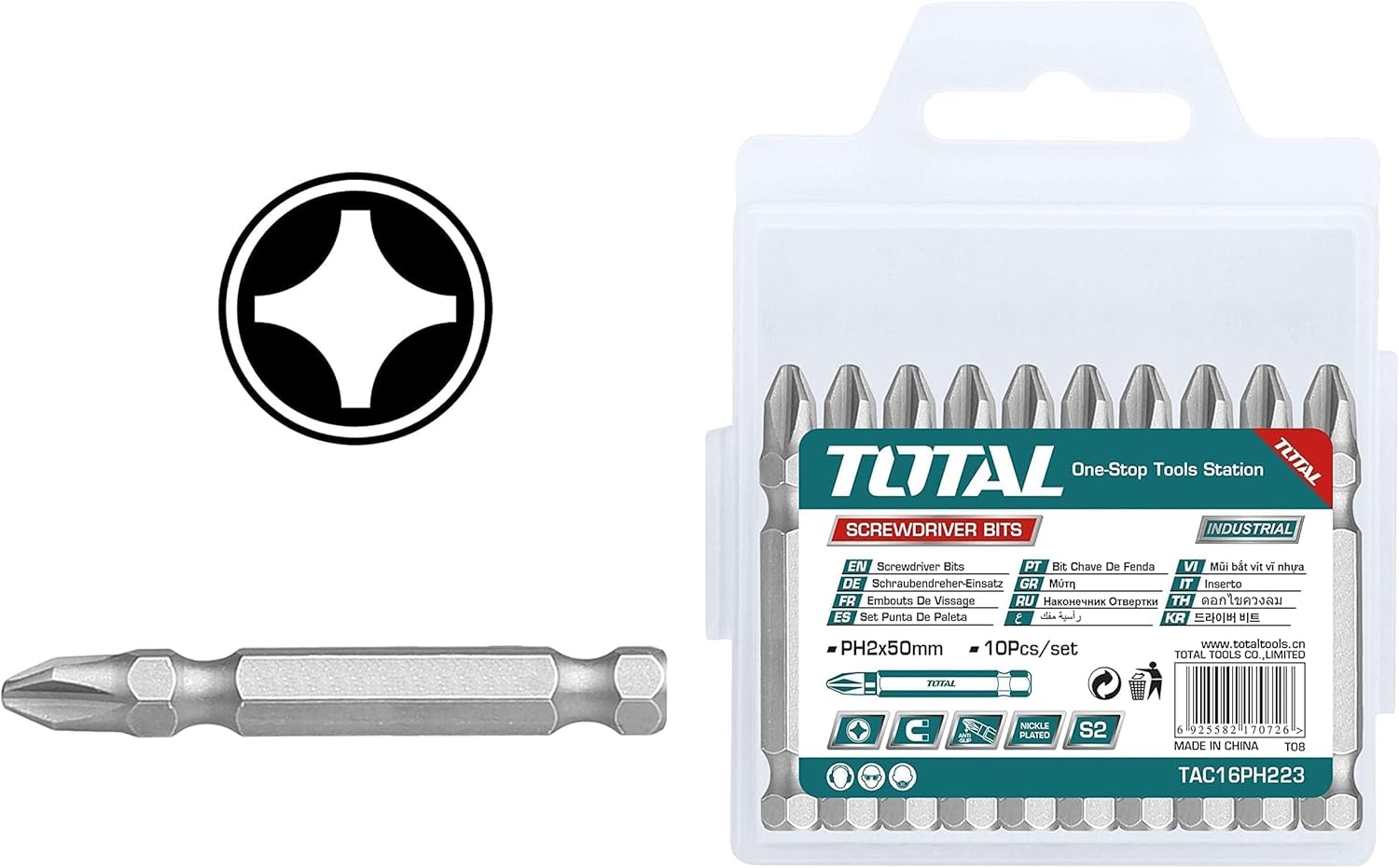 TOTAL SCREWDRIVER BIT MAGNETIC PH2 50mm 10PCS -TAC16PH223