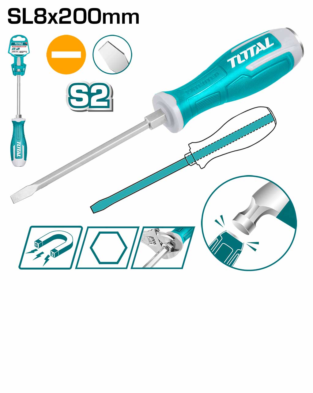 TOTAL Slotted Go Through Screwdriver SL8 x 200mm -THGS82006