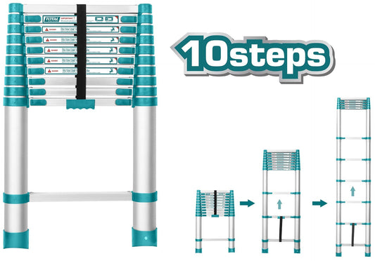 TOTAL Telescopic Ladder 10 Steps, Aluminium, 3.18m Extension, 150kg Load