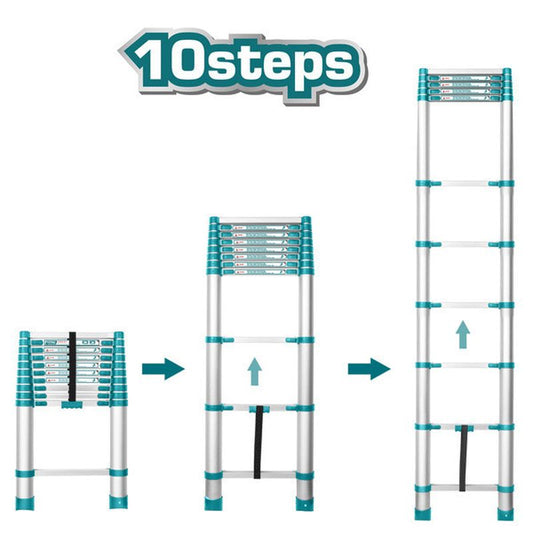 TOTAL Telescopic Ladder 10 Steps, Aluminium, 3.18m Extension, 150kg Load