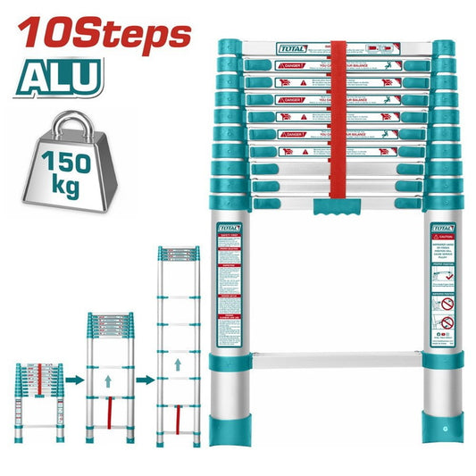 TOTAL Telescopic Ladder 10 Steps, Aluminium, 3.18m Extension, 150kg Load