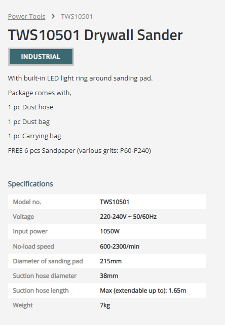 TOTAL TWS10501 Drywall Sander 1050W with LED Light – Variable Speed Wall & Ceiling Sander