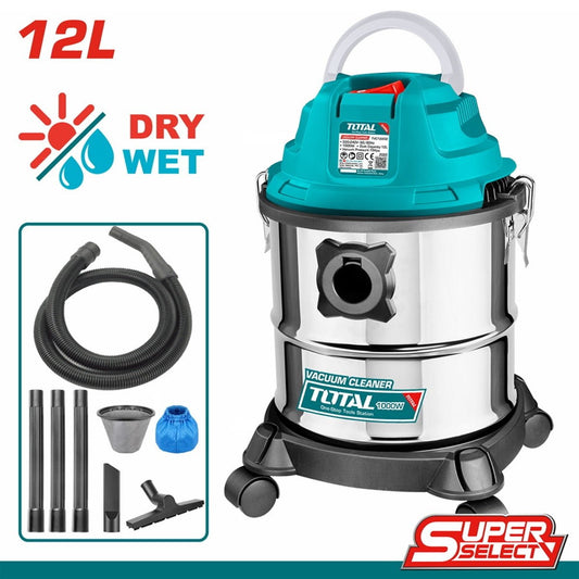 TOTAL Wet & Dry Vacuum Cleaner 12L, 1000W, 15kPa Suction, with Accessories, Electric Vacuum Cleaner