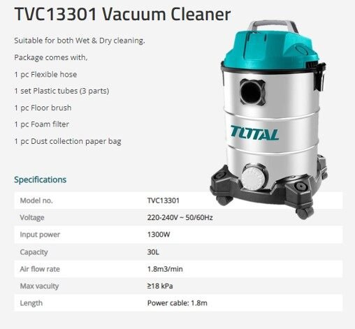 TOTAL Wet & Dry Vacuum Cleaner 1300W, 30L Capacity