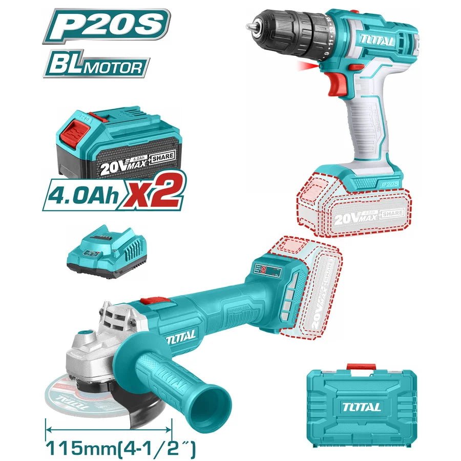 TOTAL 12V Cordless 2 Pcs Combo Kit TKLI1201 – Drill & Impact Driver Set with 2 Batteries, Charger & Accessories