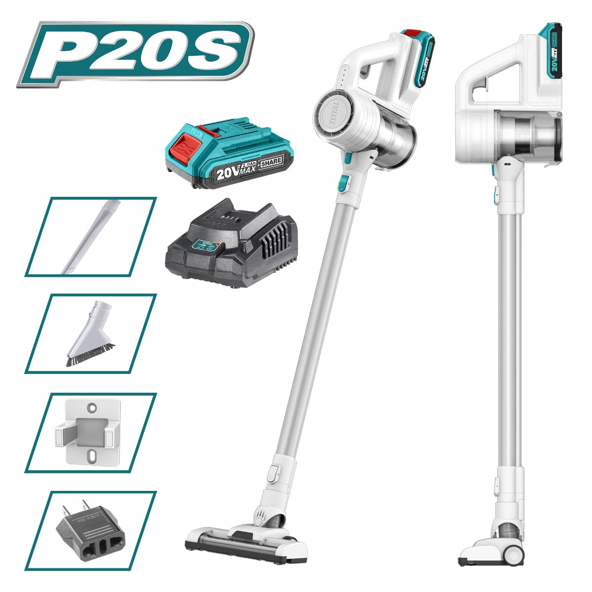 TOTAL TVLI2006 Cordless Vacuum Cleaner 20V 2.0Ah – HEPA Filter, Multi Cyclone System, 0.8L Dust Capacity, Up to 35 Minutes Runtime